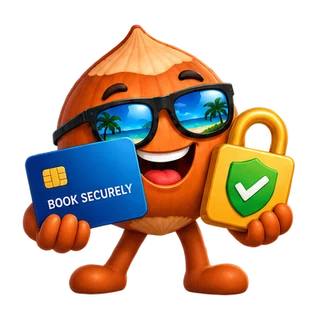 Nutz.travel mascot with a card and padlock