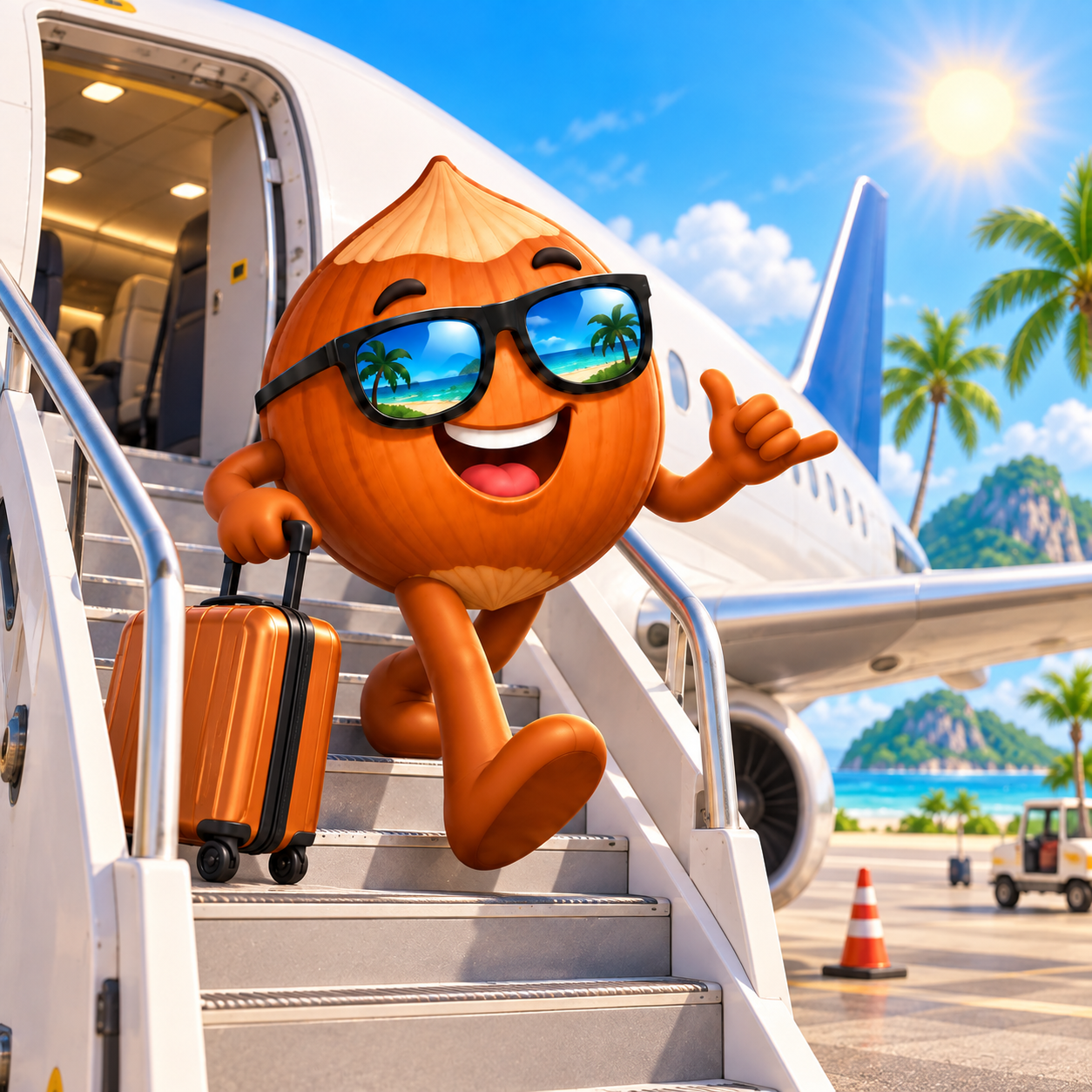 Nutz.travel mascot arriving off the plane