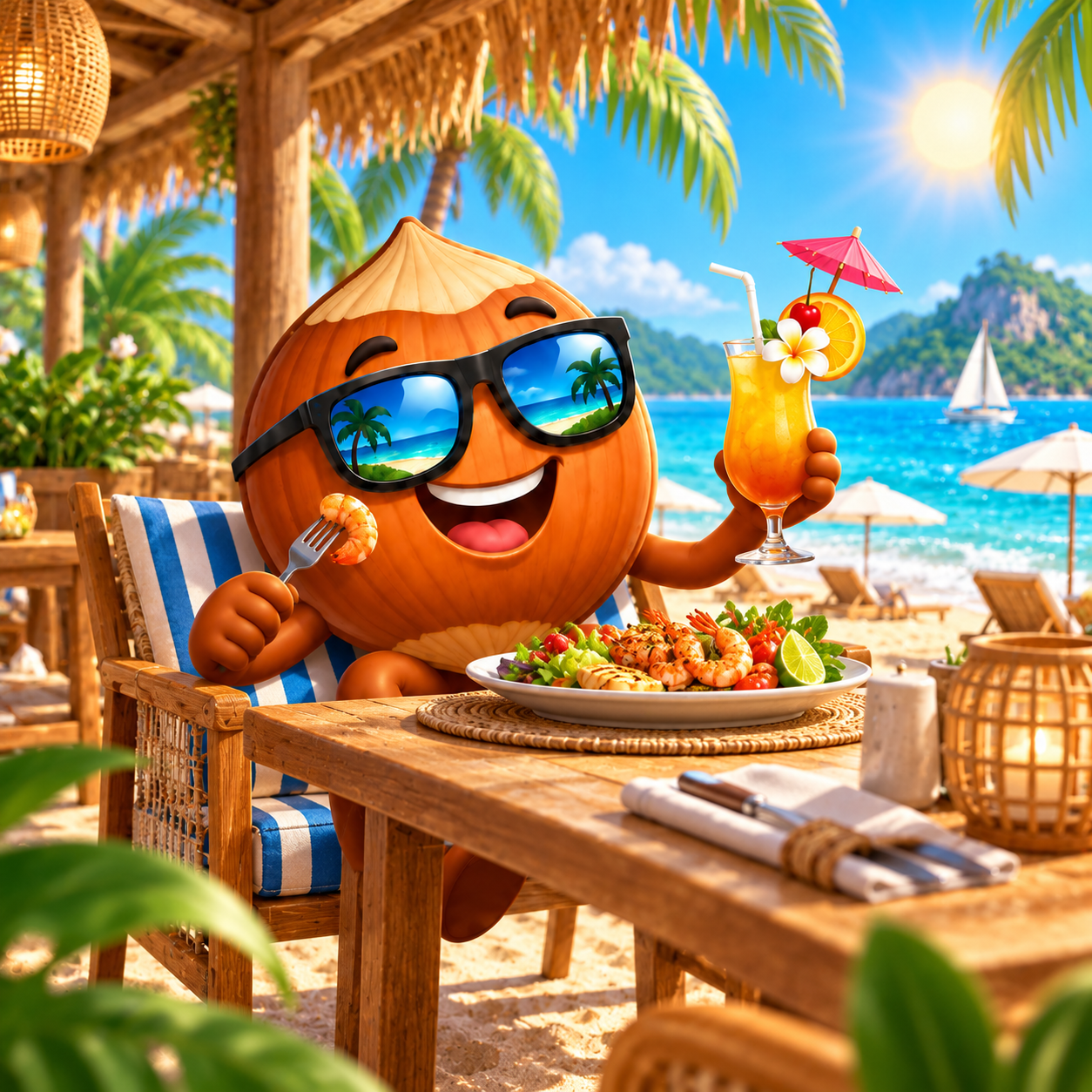 the Nutz.travel mascot enjoying local food and drink at a restaurant